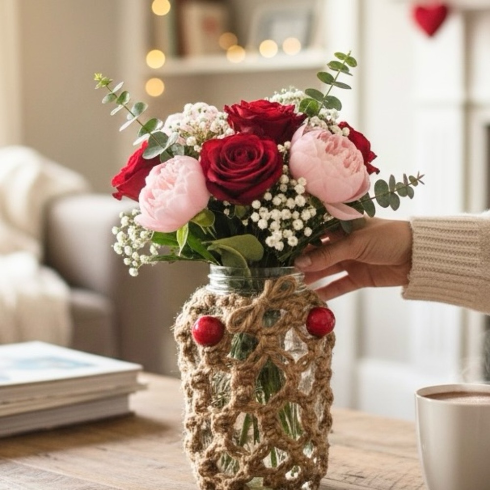 Hand Crafted Vase Macrame Botanical Jute Red Beads Boho Rustic Floral Valentines